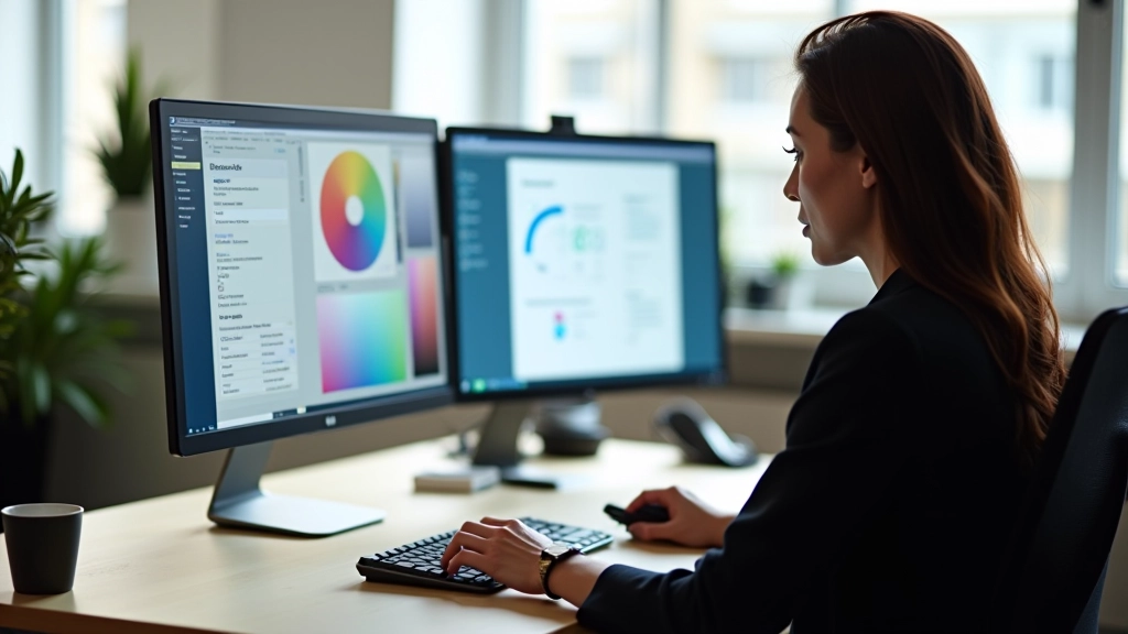 Designer checking color contrast using accessibility testing tools on desktop computer