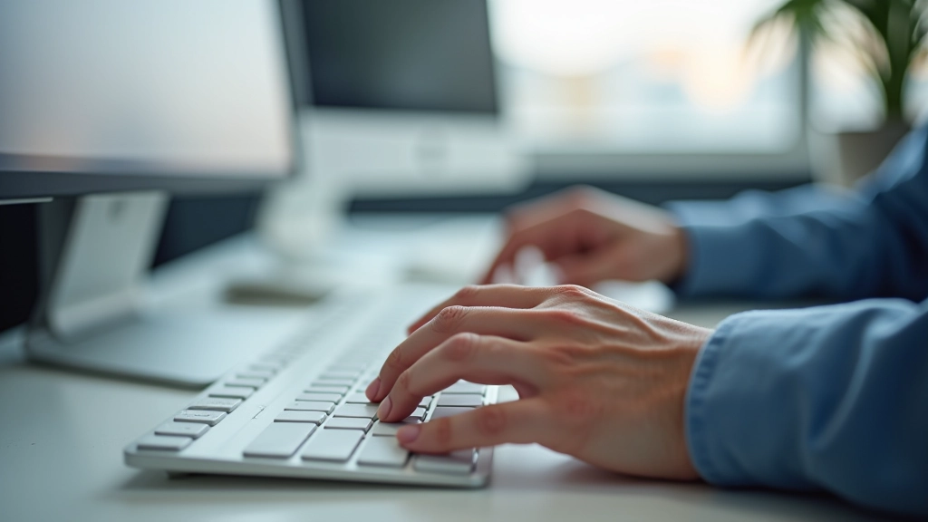 Close-up of hands typing on keyboard with monitor showing accessible form design